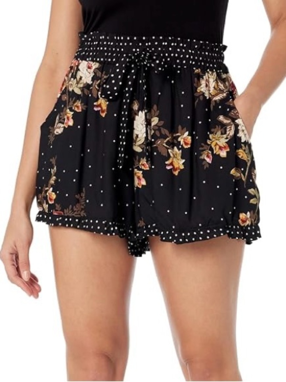 Francesca's Collections Blue Rose Black Floral & Polka Dot High Waist Shorts